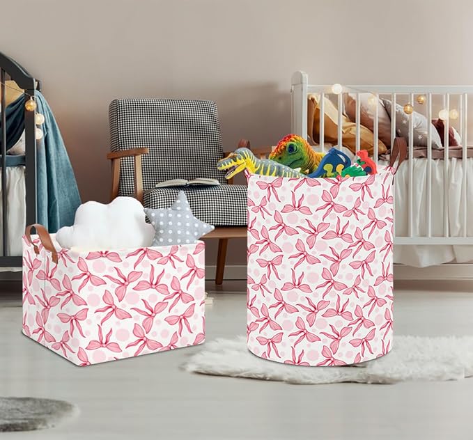 Bowknot Waterproof Laundry Hamper, Baby Nursery Hamper, Clothes Organizer Basket, Room Decor with Portable Design and Foldable (Pink Bowknot) - Image 5