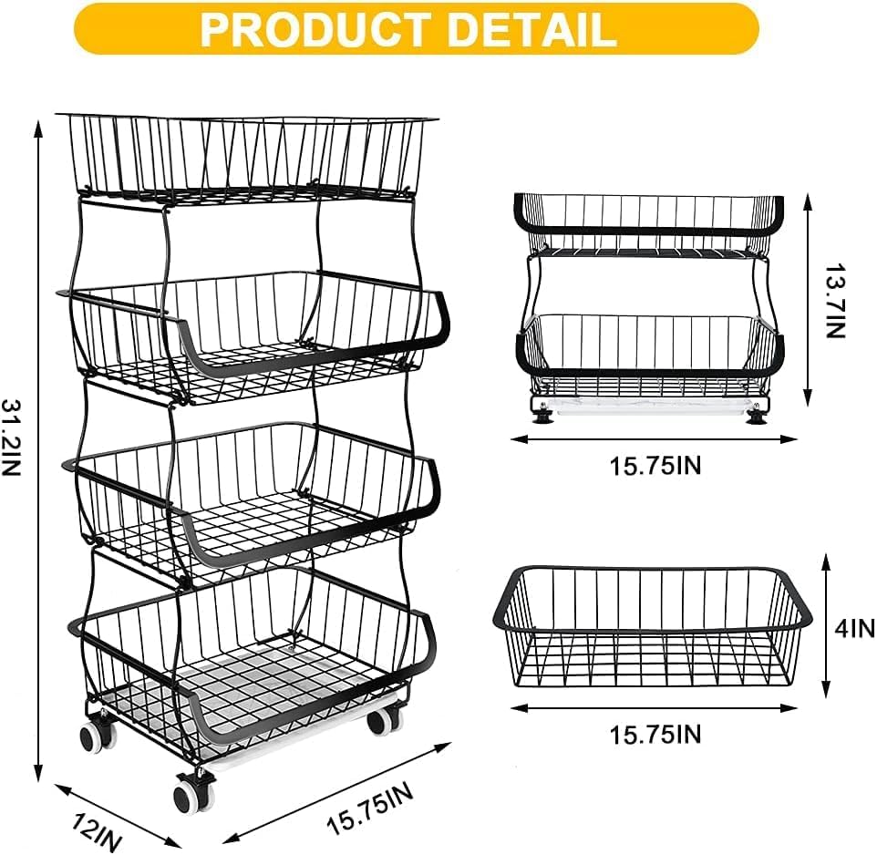 Fruit Vegetable Storage Basket, 4 Tier Stackable Metal Wire Storage Baskets with Wheels, Fruit Vegetable Produce Basket Organizer Bins for Kitchen, Pantry, Bathroom - Image 3