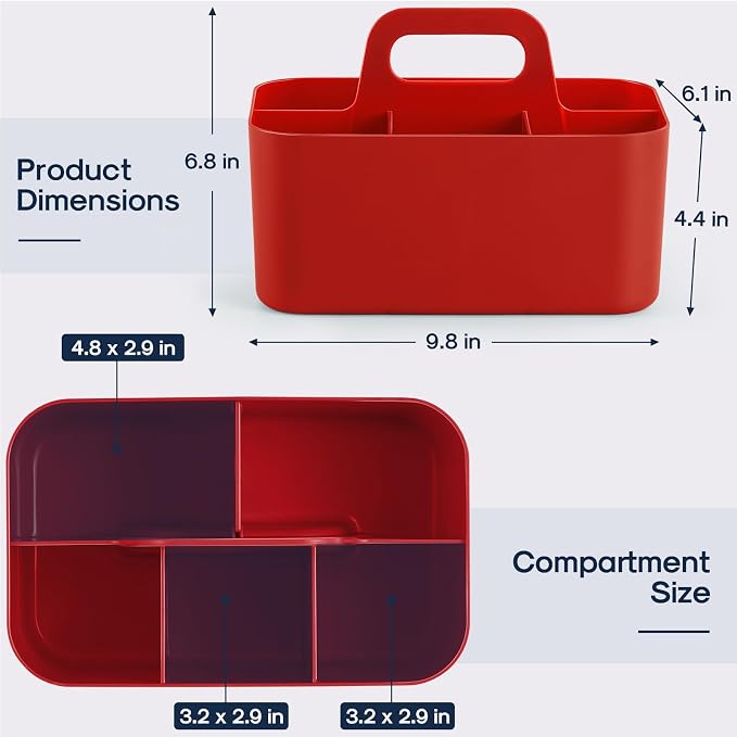 Multiuse Caddy Organizer with Handle, Portable Divided Plastic Tote Bin - Art Craft, Stationary Pen Marker Crayons, Makeup Hair Supplies Storage - Bathroom, Classroom, Dorm, Office, Desk Holder - Red - Image 5
