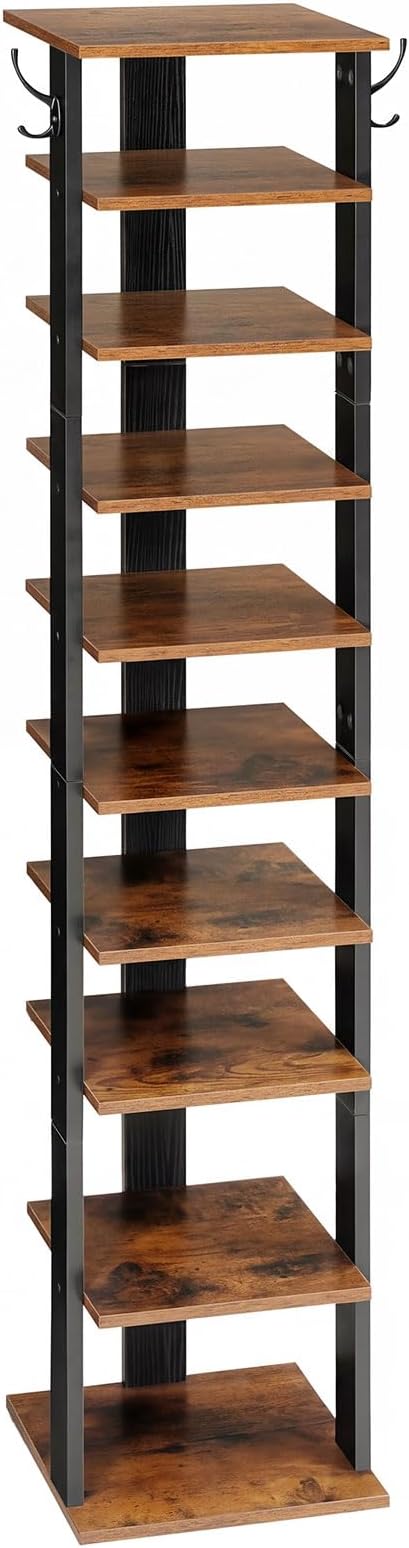 HOOBRO 10 Tiers Vertical Shoe Rack, Wooden Shoe Storage Organizer with Hooks, Narrow Shoe Tower for 10 Pairs, Space Saving, for Entryway, Living Room, Bedroom, Rustic Brown BF141XJ01 by HOOBRO