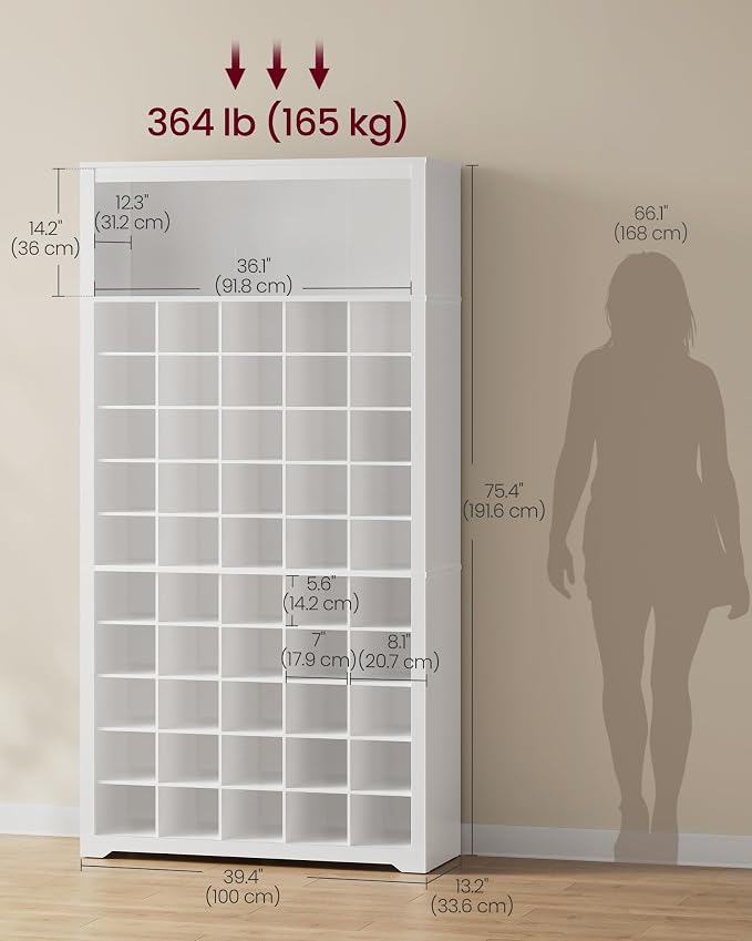 VASAGLE Tall Shoe Storage Cabinet, 10‑Tier, Holds Up to 50 Pairs of Shoes | Vertical Wood Rack, 39.4 x 13.2 x 75.4 inch, for Entryway, Cloud White, HELAN Collection ULBS275WB01S - Image 3