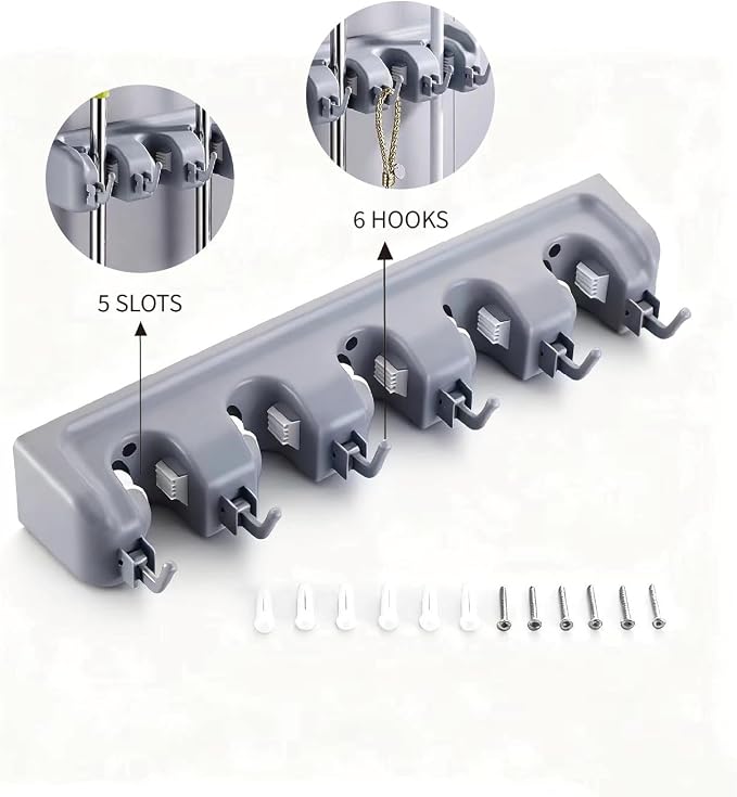 PP Plastic Multi-Function Broom & Mop Wall Mount Holder (16.93.352.36in, Gray) - Screw-Mounted Space Saver for Kitchen/Garage/Garden Tool Organization - Image 9