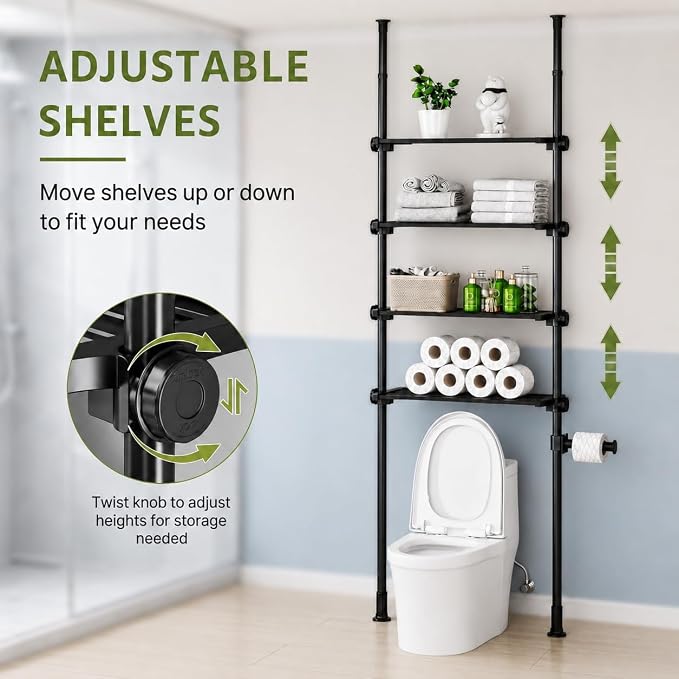 ALLZONE Adjustable Over The Toilet Storage Shelf, 4-Tier Ample Bathroom Organizer and Storage, Tension Mounted Above Toilet Storages Cabinet for Versatility, Fits 66-113 Inch Heights, Black - Image 3