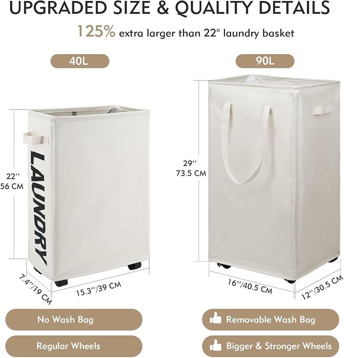 DOKEHOM 90L X-Large Rolling Laundry Basket Hamper on Wheels, Beige - Image 3