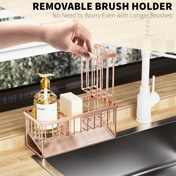 Cisily Sink Caddy Organzier with High Brush Holder, Sponge Holder for Sink, 304 Rustproof Stainless, Kitchen Countertop Soap Dispenser Organizer, Rose Gold Kitchen Decor and Accessories - Image 4