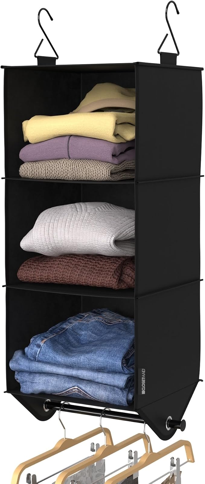 ClosetMaid 3-Shelf Fabric Hanging Closet Organizer with Garment Rod for Shirts, Sweaters, Pants, Hats, Shoes, Purses with Charcoal Black Finish - Image 4