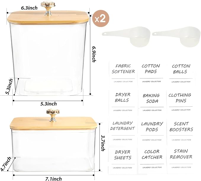 3 Pack Laundry Room Organization Storage Containers, Plastic Clear Laundry Pods Container & Dryer Sheet Holder Jars with Lids, Scoops & Labels for Detergent, Powder, Dryer Balls, Beads - Image 2