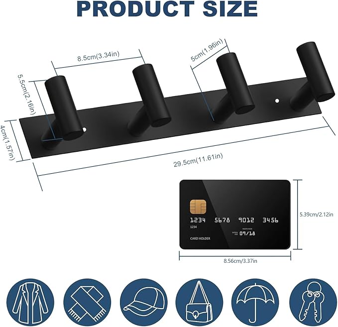 VAEHOLD 2PACK Hat and Coat Wall Mount Rack - 4 Hooks for Robes, Bags, Keys, and Towels - Bathroom Towel Hanger Organizer -Black - Image 5