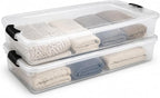 HOMZ Under Bed Clear Plastic Storage Bin w/Lid, 60 Qt, Gray Latch, 2 Pack | Stackable Underbed Container Set for Shoes, Bags, Clothes, and Towel Organization by Homz