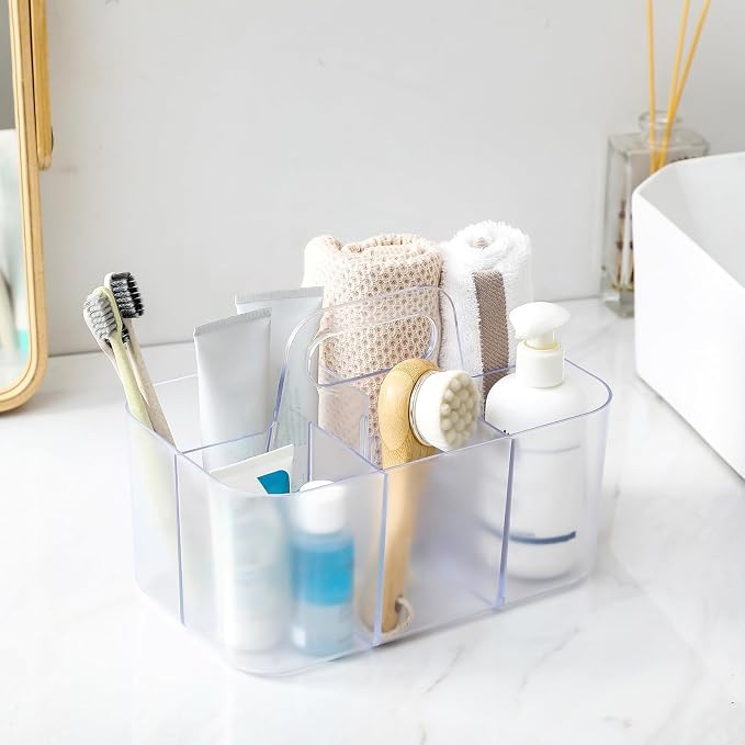 Multiuse Caddy Organizer with Handle, Portable Plastic Tote Bin - Art Craft, Stationary Pen Marker Crayons, Makeup Hair Supplies Storage - Bathroom, Classroom, Dorm, Office, Desk Holder -Frosted Clear - Image 3