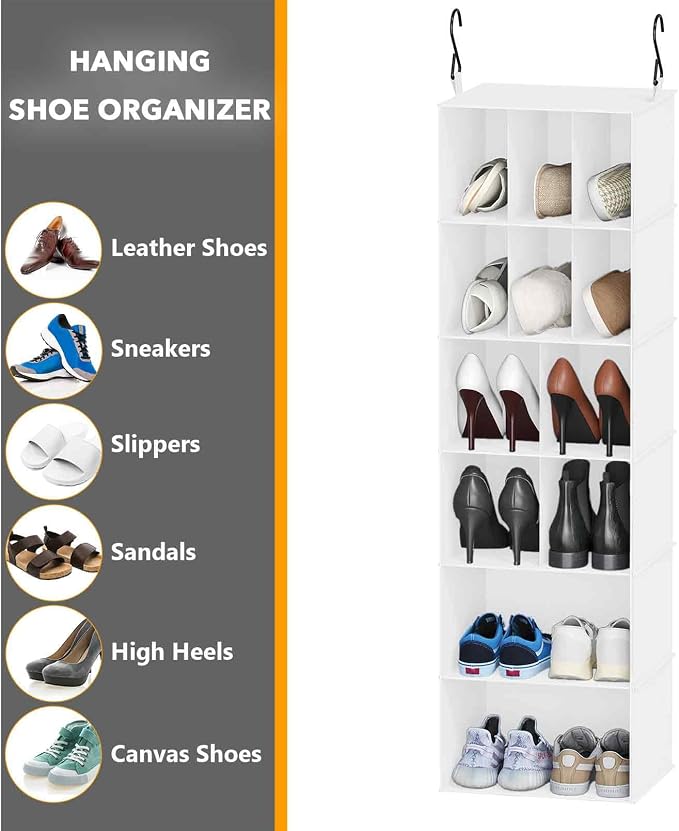 SpaceAid 2 Pack Hanging Closet Organizer and Storage with Dividers, 24 Compartments Hanging Shoe Shelves for Closet, Wardrobe, RV, Garment Rack - White - Image 6