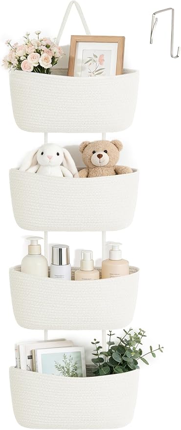 Dahey Over The Door Hanging Basket Storage 4-Tier Woven Wall Basket, White by Dahey