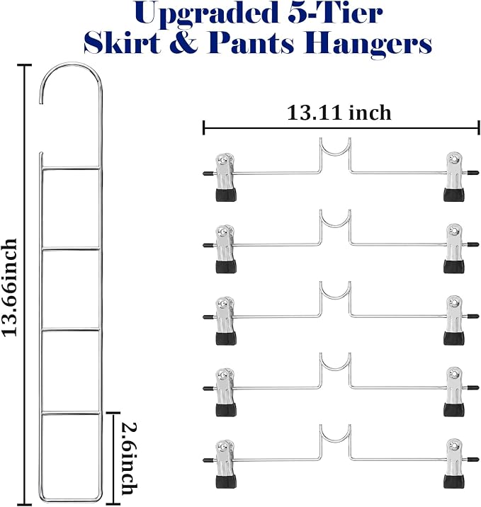 Pants & Skirt Hangers with Clips,4 Pack Space Saving Closet Organizer-5 Tiers Detachable Skirt Hangers with Adjustable Non-Slip Clips,Metal Multi-Layer Hangers for Jeans, Pants Skirts (4, Black) - Image 2