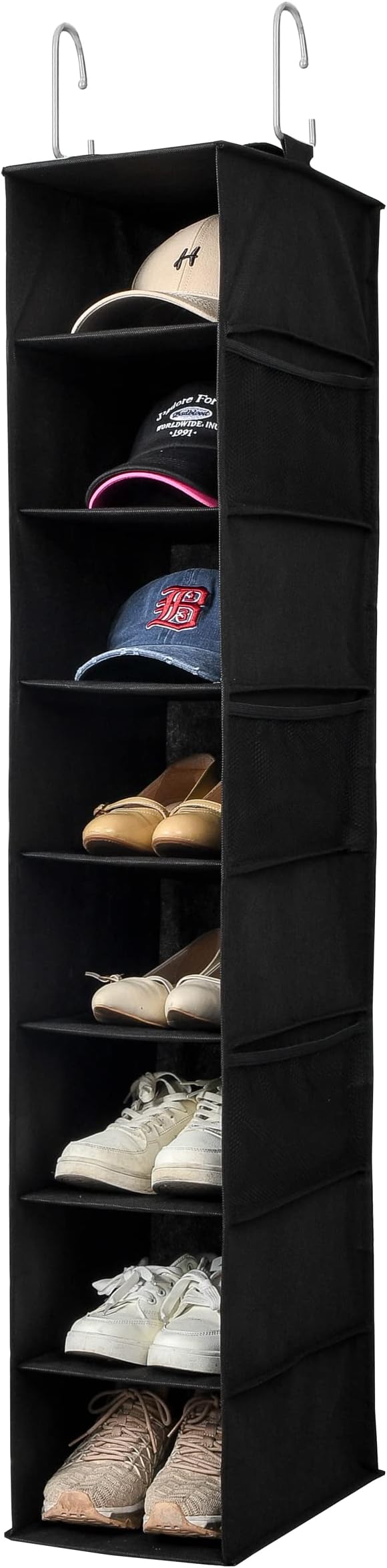 Berdeng Hanging Shoe Organizer for Closet with Side Mesh Pockets，Hat Racks for Baseball Caps，Shoe and Hat Holder & Storage，8-Shelf，Black，1 Pack by Berdeng