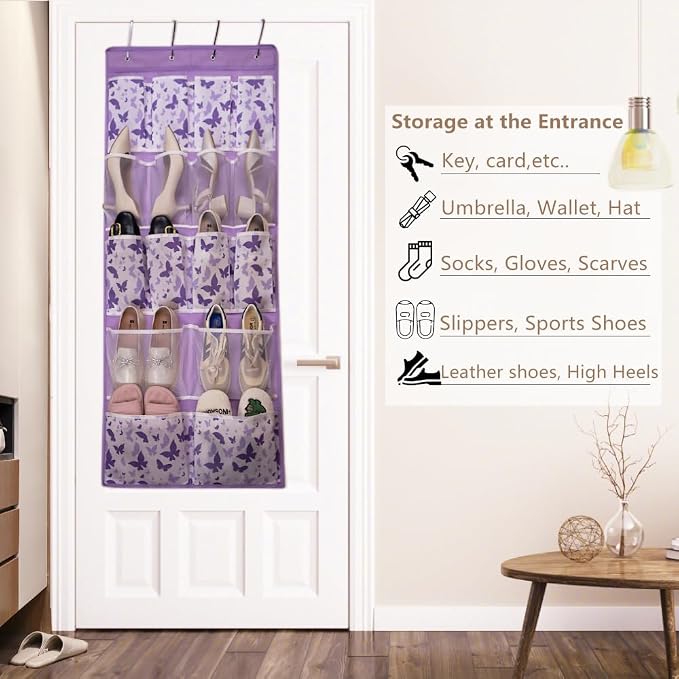 16 Pockets Over Door Hanging Storage Organizer with 4 Kinds Pouches for Shoes,Sock,Hat,Underwear,Handbag,Cosmetics,Toiletry,Behind Door Hanging Shelf Space-saving for Bathroom,Bedroom,Entrance,Purple - Image 2
