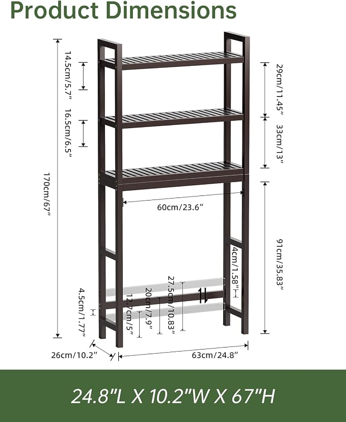 SMIBUY Bathroom Storage Shelf, Bamboo Over-The-Toilet Organizer Rack, Freestanding Toilet Space Saver with 3-Tier Adjustable Shelves (Dark Brown) - Image 2