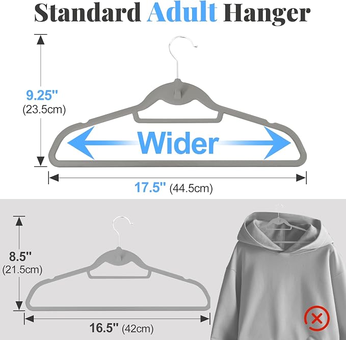 Velvet Felt Stackable Hangers 50 Pack, Thin & Space Saving, Gray | Non Slip, 15Lbs Capacity Heavy Duty With 360° Swivel Hook, Shoulder Notches, No Shoulder Bump, for Coat Suit Shirt Dress - Image 3