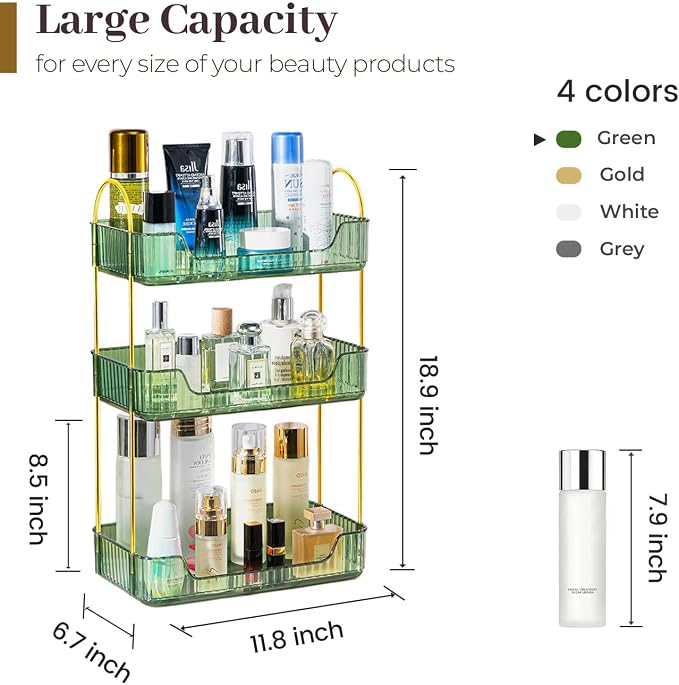 Aveniee Bathroom Counter Organizer, 3 Tier Perfume Skin Care Countertop Storage Shelf, Vanity Makeup Tray for Cosmetic Skincare Lotion,Green - Image 3