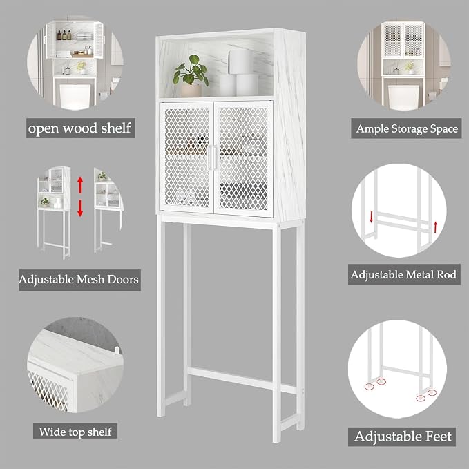 Launica Over the Toilet Storage Cabinet, Over Toilet Bathroom Organizer with Mesh Doors and Shelves, Freestanding Bathroom Storage Cabinet Above Toilet, Wood and Marble, White Marble - Image 8