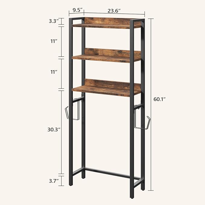 MAHANCRIS Over The Toilet Storage Rack, 3 Tier Bathroom Organizer Over Toilet, Freestanding Space Saver Toilet Stand with 2 Hooks, Bathroom Storage Shelf, Easy to Assemble, Rustic Brown TSHR6001 - Image 2