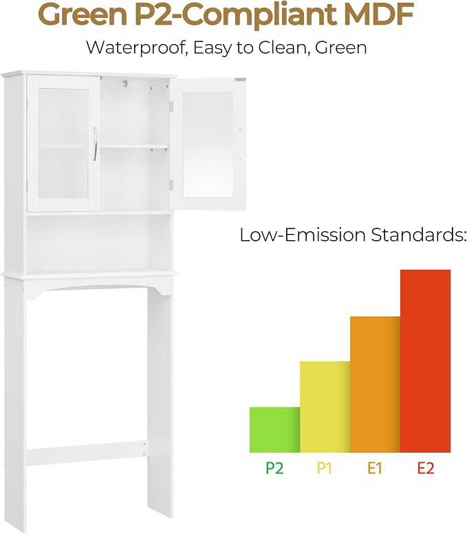 Yaheetech Slim Over the Toilet Storage Cabinet, Frosted Glass Doors, White - Image 9