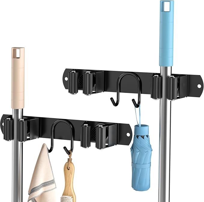 Broom Holder Wall Mount, 2-Pack Stainless Steel Mop and Broom Organizer, Broom Hanger with 2 Slots 2 Hooks for Home Kitchen, Garage, Garden and Laundry Room, Black - Image 9