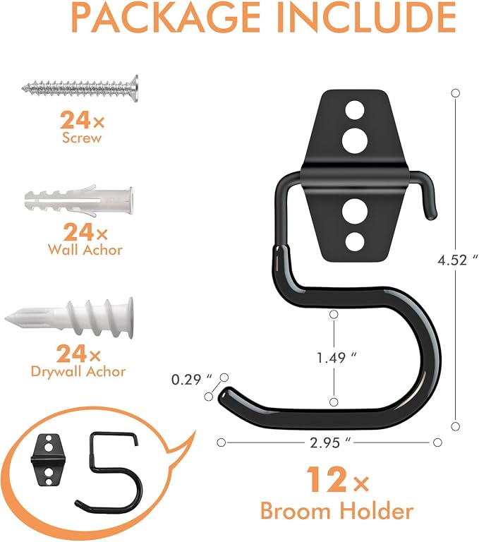 Broom Holder Wall Mount, 12Pack Tool Hangers Garage Wall Hanging Organizer - Image 2