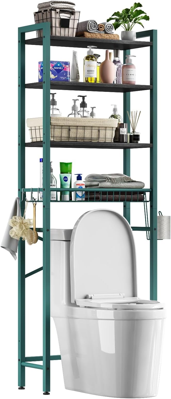 Kalrin Over-The-Toilet Storage Rack, 4-Tier Bathroom Organizer Shelf Over Toilet with Adjustable Shelf and Basket, Freestanding Space Saver Bathroom Shelves Above Toilet for Room (Green- Black) - Image 9