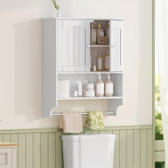 Iwell Bathroom Wall Cabinet, Over The Toilet Storage Cabinet with Towel Rack & Adjustable Shelf, Medicine Cabinet for Bathroom, White - Image 4