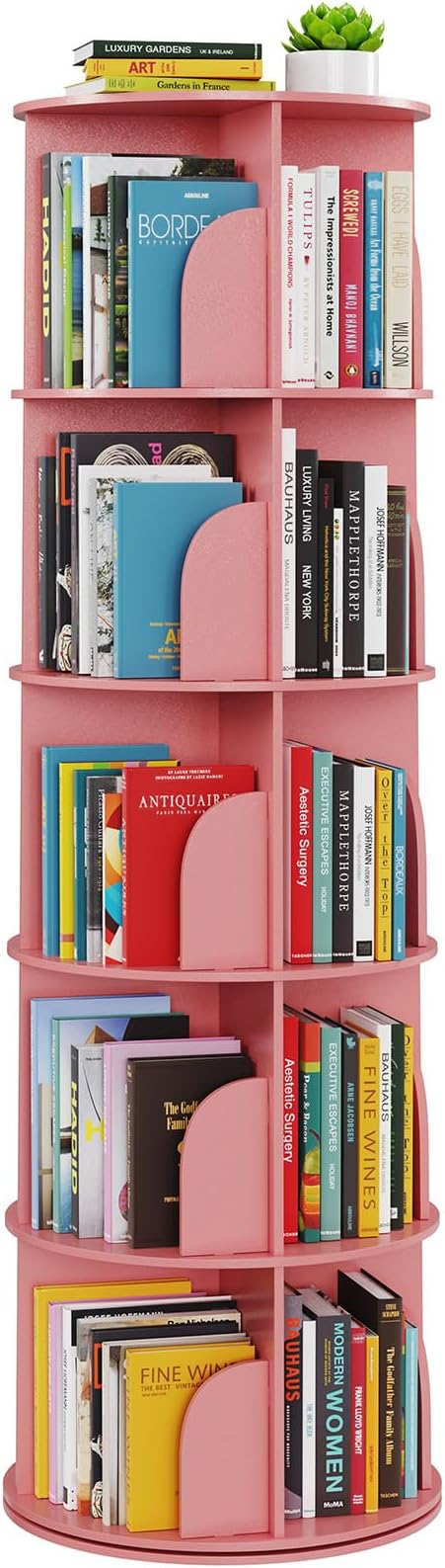 SpaceAid 5 Tier Rotating Bookshelf Tower, Spinning Bookcase Lazy Susan, Revolving 360 Book Shelf Storage Round Carousel, Vertical Rotate Turning Spiral Corner Organizer, Pink by SpaceAid