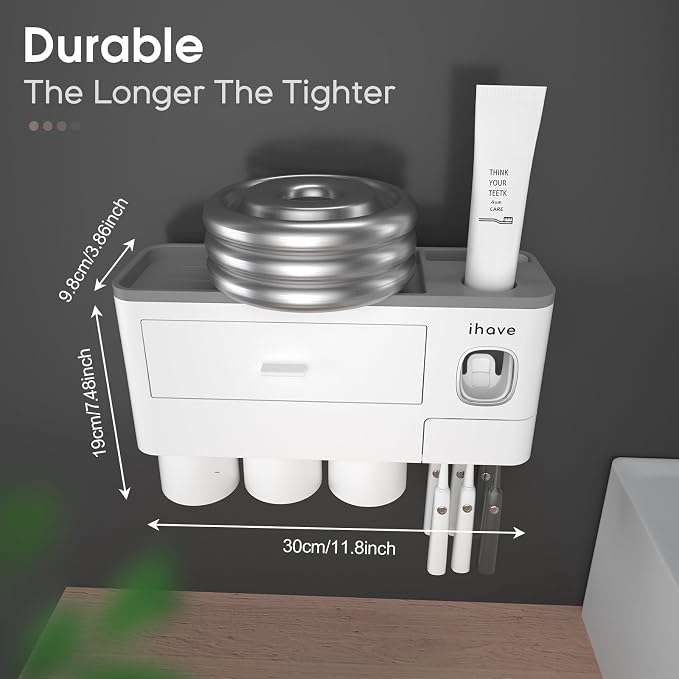 iHave Toothbrush Holders Wall Mounted with Toothpaste Dispenser & 3 Cups - Image 5