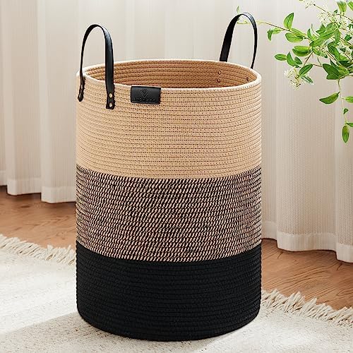 VIPOSCO 100L Tall Woven Rope Laundry Hamper, Leather Handles, Brown & Black by VIPOSCO