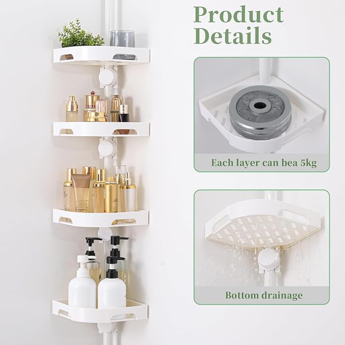 akinbas Tension Pole Shower Caddy Organizer with 4 Tier L-Shaped Rust Resistant Bathroom Corner Shelves with 34-124 Inch Adjustable No Drilling Quick Install Shower Rack for Bath Essentials (White) - Image 7