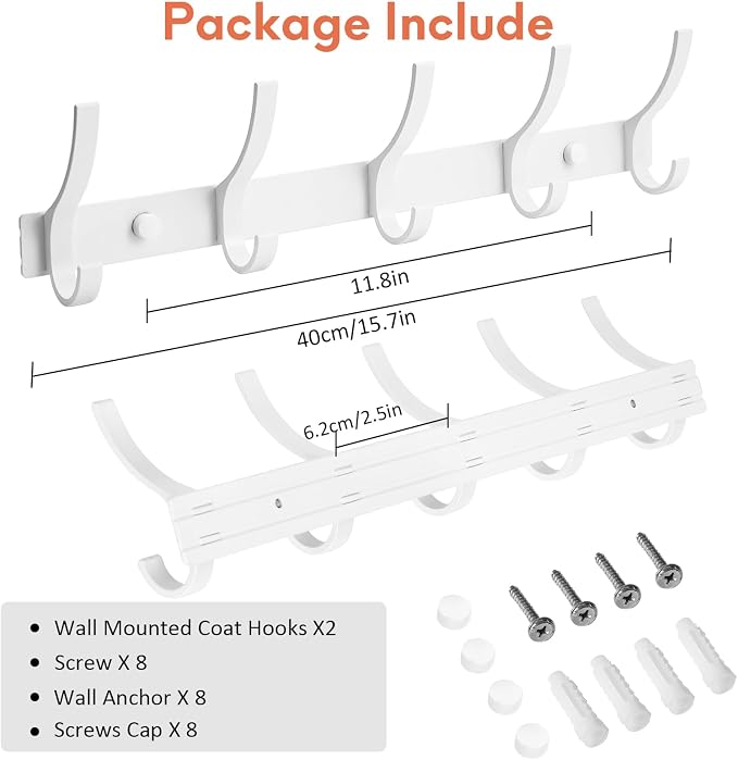 Optish Coat Rack Wall Mount, Coat Hook Wall Mount, Wall Hooks for Hanging, Hat Rack for Walls, Coats Hanger with 10 Hook, Towel Hooks for Bathrooms (1 Pack, White) - Image 4