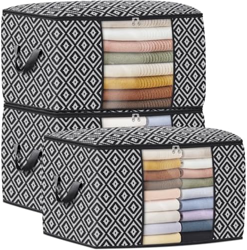 100L 3 Pack Storage Bags, Foldable Clothes Bins with Clear Window, Black | Blanket Storage Containers with Reinforced Handles for Bedding, Comforters, Clothing, Quilts and Closet Organization by StorageTastic