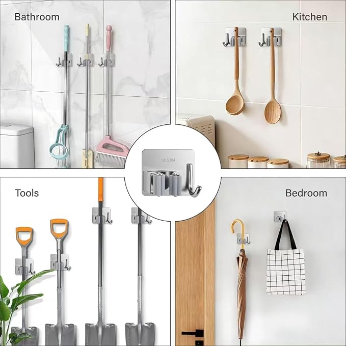 5 Pack Broom and Mop Organizer Wall Hanging, Adhesive Broom Holder, Silver - Image 7