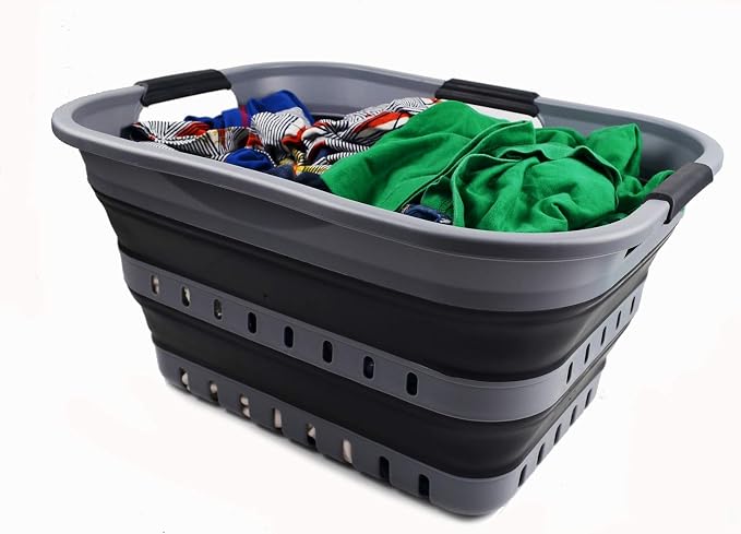 SAMMART 30L (8 Gallon) Collapsible 3 Handled Plastic Laundry Basket - Foldable Pop Up Storage Container/Organizer - Space Saving Hamper/Basket (Grey/Black) - Image 5