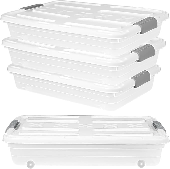 4 PCS*37 Qt Wheeled Latching Under Bed Storage, Stackable Bin with Latch Lid, Plastic Container to Organize Shoes Underbed, Clear with White Lid(White) by Unknown