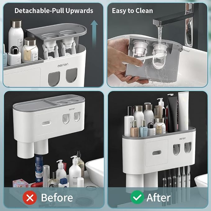 Toothbrush Holders for Bathrooms Wall Mounted, 6 Slot Toothbrush Holder with 2 Automatic Toothpaste Dispensers, 2 Magnetic Cups, Large Capacity Bathroom Organizer, Wall Storage with Drawer - Image 6
