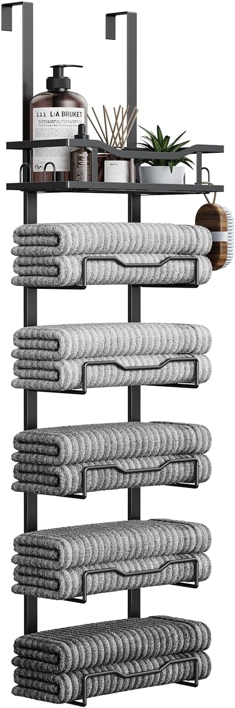 Aetyord Hanging Towel Racks for Bathroom No Drill - 6-Tier Over The Door Bath Towel Storage Organizer for Small Bathrooms - Tiered Back of Door Towel Holder Hanger for Rolled Towels RV Camper Black by Aetyord