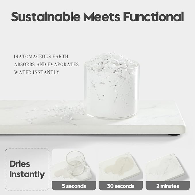 2PCS Water Absorbing Stone Drying Tray for Kitchen Counter & Bathroom Sink, Diatomite Faucet Splash Guard, Soap Dispenser Rack & Sponge Holder Caddy Organizer, Marble White (Printed Pattern), 9"x 3.5" - Image 3