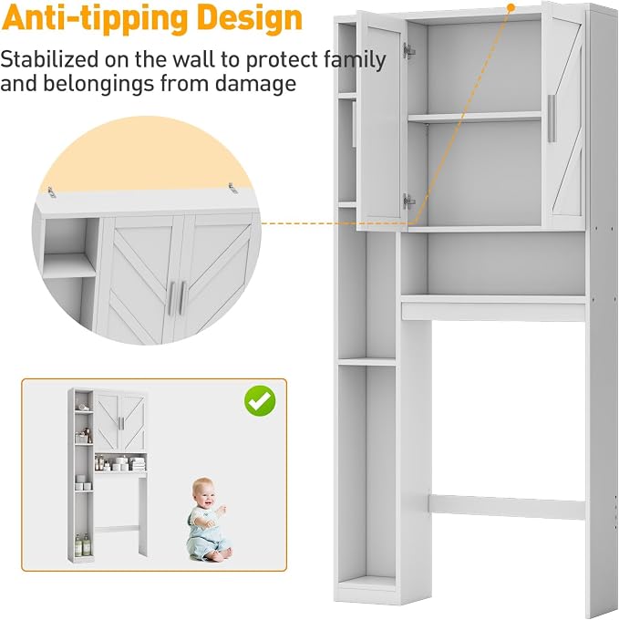 Over The Toilet Storage Cabinet with 7 Storage Shelves, Above Toilet Bathroom Organizer with Toilet Paper Holder Stand, Behind Toilet Cabinet, Space Saver for Restroom, Bathroom, Laundry, White - Image 8