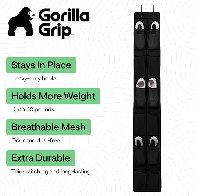 GORILLA GRIP Over the Door Shoe Organizer, 12 Large Pockets, Black | Breathable Mesh Pocket, Space Saving Hanging Storage Holder, Closet Rack Hanger for Shoes, Pantry and Bathroom Accessories - Image 2