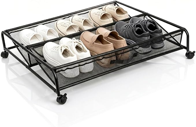 Goaste Under Bed Shoe Storage Organizer with Wheels, Rolling Underbed Storage Containers, Metal Shoe Rack Drawer Space Saving for Bedroom Organization, Shoes, Toys (Black) by Goaste