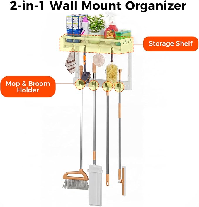 Broom Holder Wall Mount with Shelf,Broom Hanger with 4 Hooks,Broom and Mop Organizer Wall Hanging for Laundry,Garage, Utility,Broom Rack,Cleaning Supplies Organizer and Tool Storage,White - Image 2