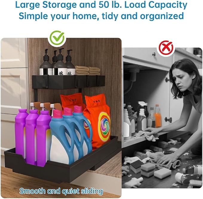 NATURE'S SOURCE 2 Pack Under Sink Organizer 2 Tier Sliding Cabinet Organizers Multi-Purpose Sink Storage Basket L-Shape Narrow Space Storage Shelves with 4 Hook for Kitchen Bathroom Drawer, Black - Image 8