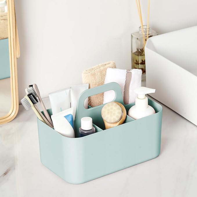 Multiuse Caddy Organizer with Handle, Portable Divided Plastic Tote Bin - Art Craft, Stationary Pen Marker Crayons, Makeup Hair Supplies Storage - Bathroom, Classroom, Dorm, Office, Desk Holder - Mint - Image 3