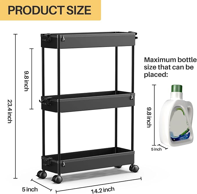 SPACEKEEPER Slim Rolling Storage Cart, 3 Tier Bathroom Storage Organizer Laundry Room Utility Cart Mobile Shelving Unit, Multi-Purpose for Kitchen Office Bathroom Laundry Narrow Places, Black - Image 3
