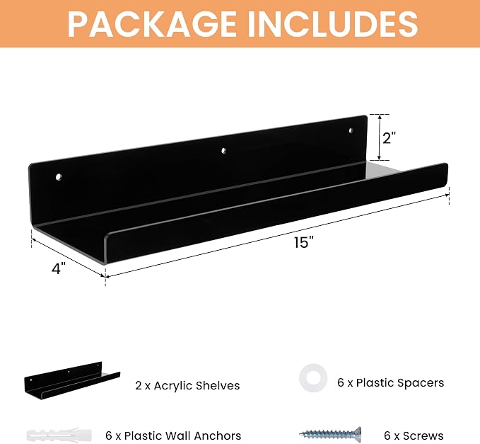 upsimples 2 Pcs 15" Acrylic Shelves for Wall Organize and Display, Black - Image 3