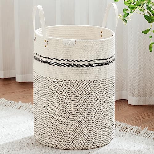 VIPOSCO 100L Tall Woven Rope Laundry Hamper, Leather Handles, Stripe White by VIPOSCO
